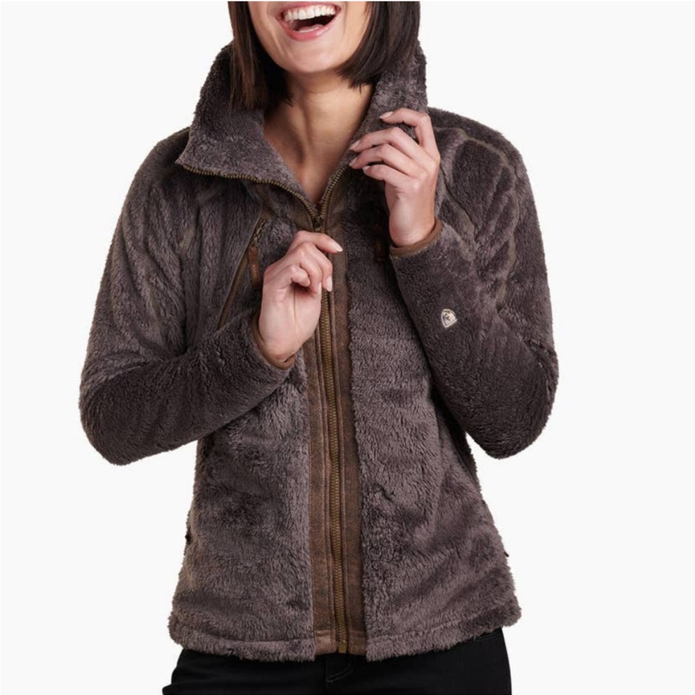 KUHL Womens Jacket Medium Brown Flight Fleece Full Zip Hooded Long Sleeve
